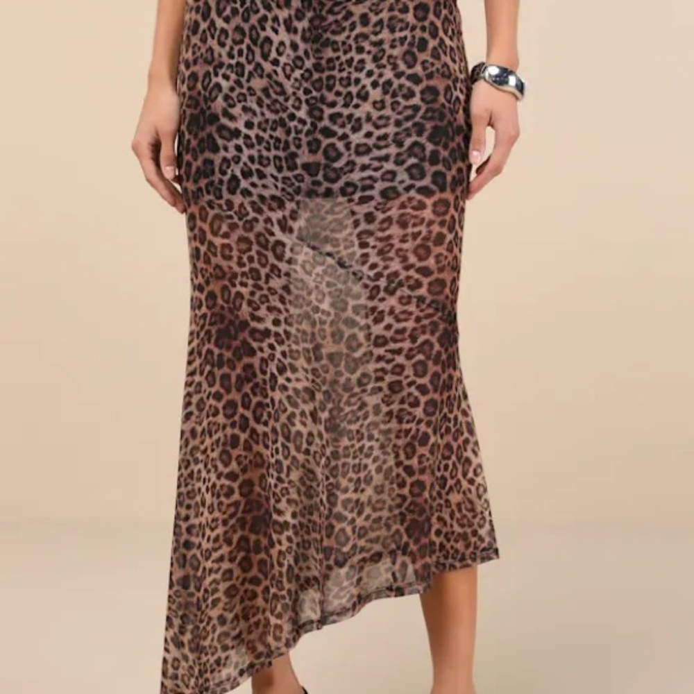 Fierce Charm Brown Leopard Print Mesh Asymmetrical Midi Skirt